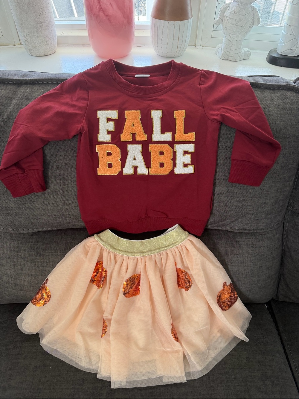 Kids Burgundy "Fall Babe" Sweatshirt & Peach Pumpkin Tulle Skirt Costume Set